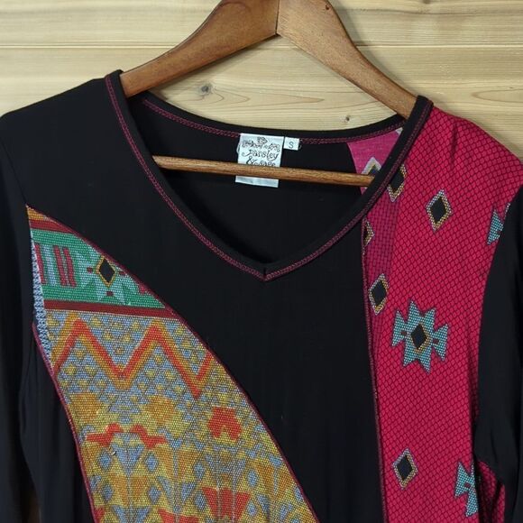 Parsley & Sage Top Womens Small Black Western Art Patchwork Pieced Blouse - Picture 2 of 10